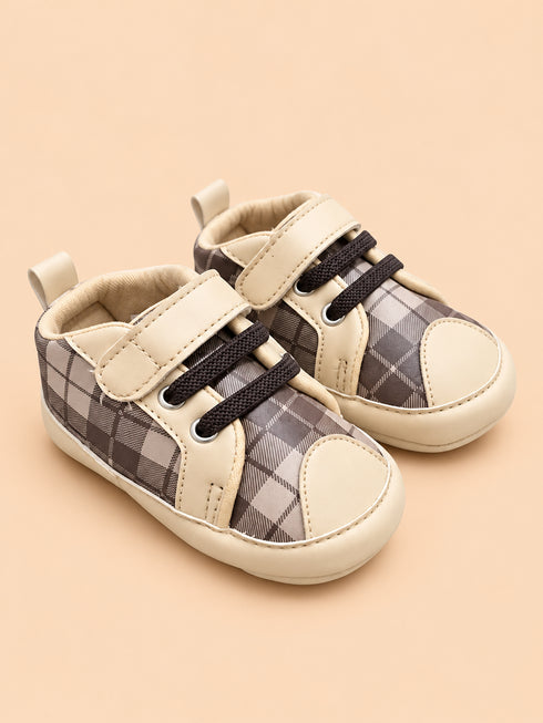 Beige Plaid Sneakers with Velcro Straps