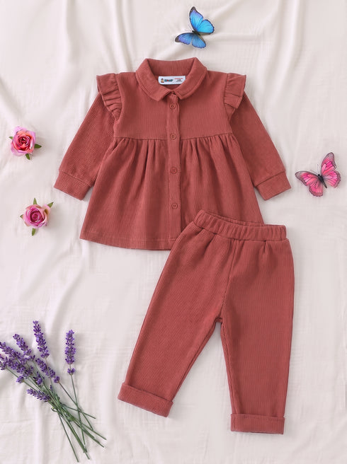 Orange Ruffle Button-Down Ribbed Frock Set