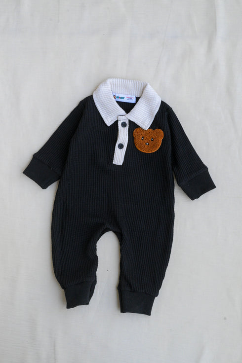 Bear Embroidery Waffle Knit Polo Sleepsuit (Black)