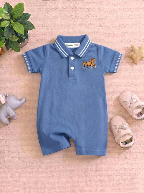 Blue Embroidered Polo Romper