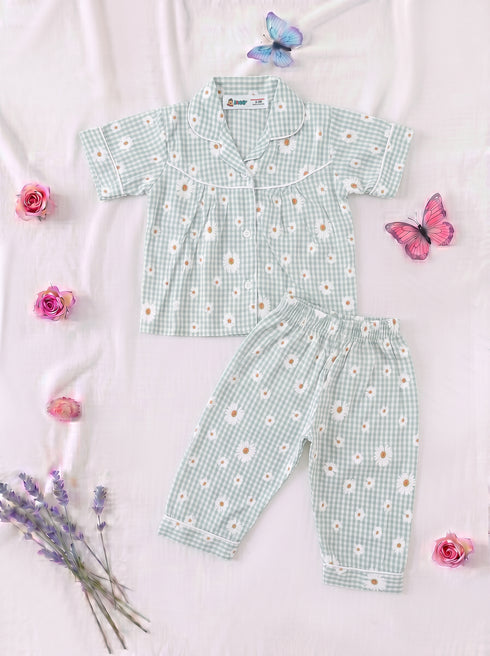 Daisy Gingham Night Suit Set (Green)