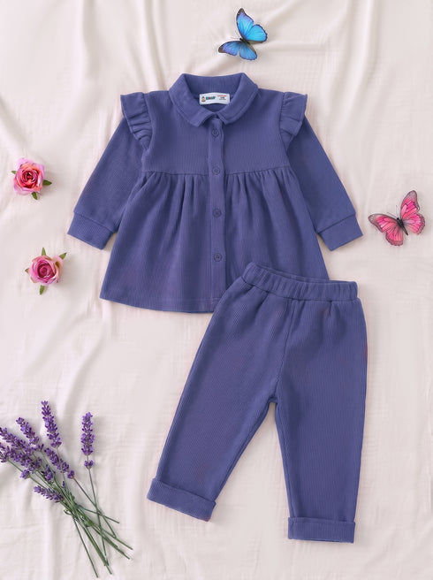 Purple Ruffle Button-Down Ribbed Frock Set