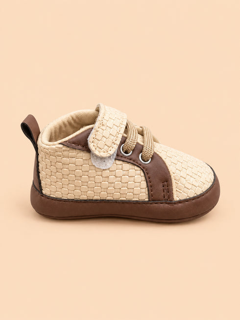 Cream & Brown Woven Texture Sneakers with Velcro Straps