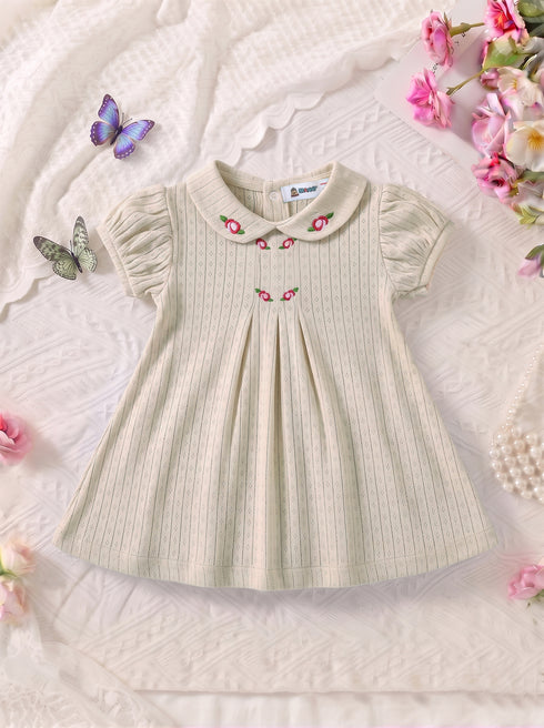 Beige Floral Embroidered Jacquard Baby Frock