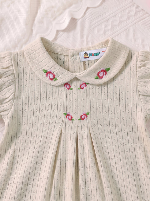 Beige Floral Embroidered Jacquard Baby Frock