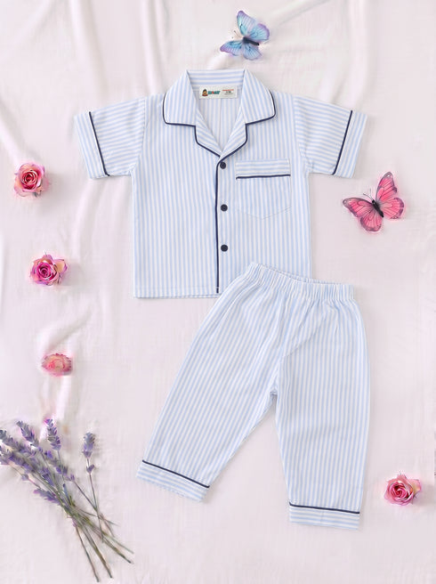 Sky Blue Striped Night Suit Set