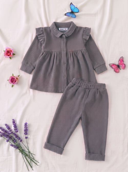 Light Purple Ruffle Button-Down Ribbed Frock Set