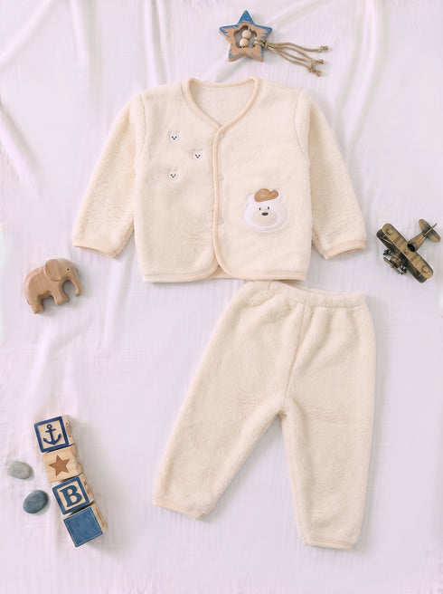 Bear Embroidered Plush Fleece Co-ord Set (Cream)