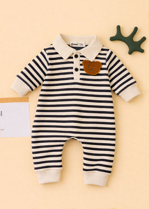 Striped Bear Embroidery Waffle Knit Polo Sleepsuit