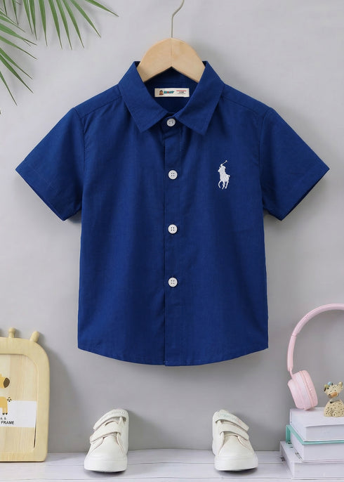 Navy Embroidered Button-Down Polo Shirt