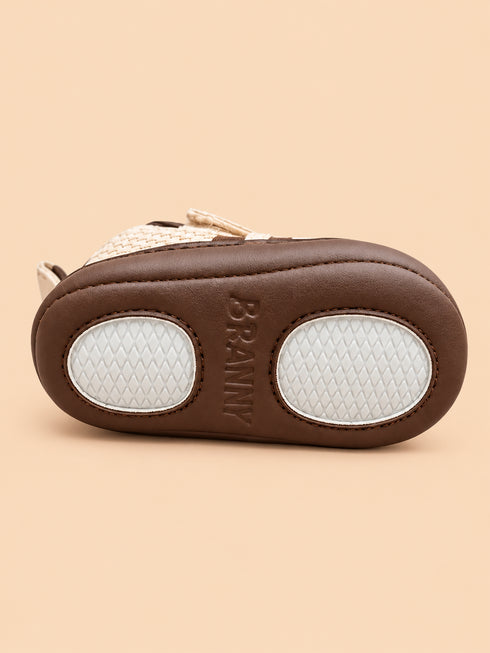 Cream & Brown Woven Texture Sneakers with Velcro Straps