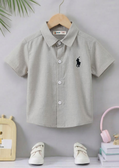 Light Grey Embroidered Button-Down Polo Shirt