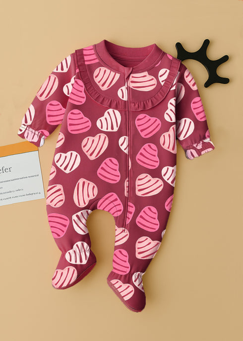 Maroon Leaf Printed Frilled Zipper Fleece Footed Sleepsuit