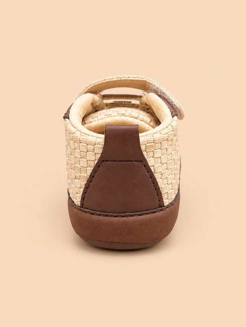 Cream & Brown Woven Texture Sneakers with Velcro Straps