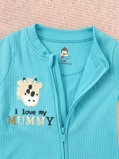 I Love Mummy Embroidered Zip-Up Romper (Turquoise)