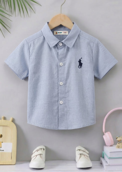 Sky Blue Embroidered Button-Down Polo Shirt
