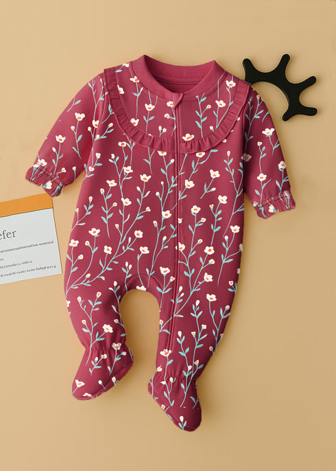 Forest Bloom Frilled Zipper Fleece Footed Sleepsuit