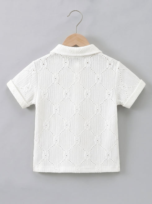 Playful White Jacquard Textured Polo Short Set