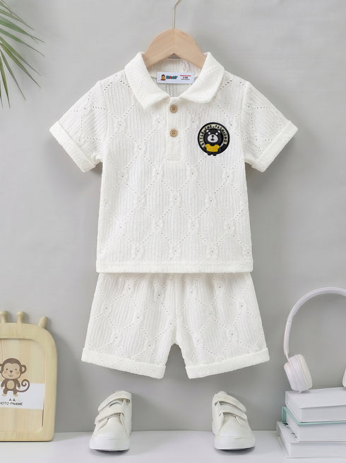 Playful White Jacquard Textured Polo Short Set