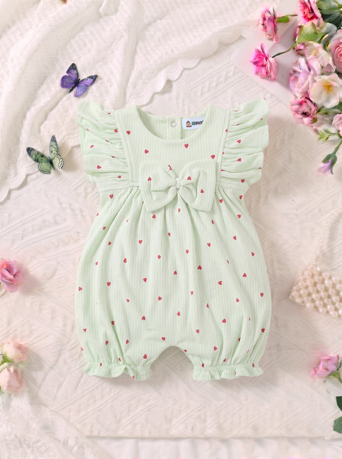 Heart Printed Bow Detail Frill Romper