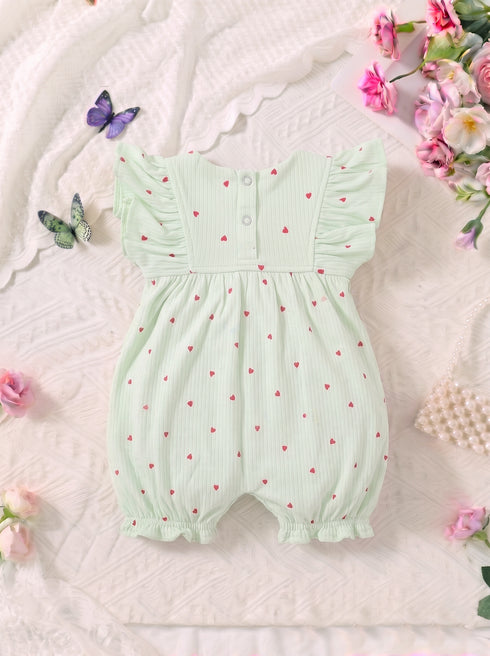 Heart Printed Bow Detail Frill Romper