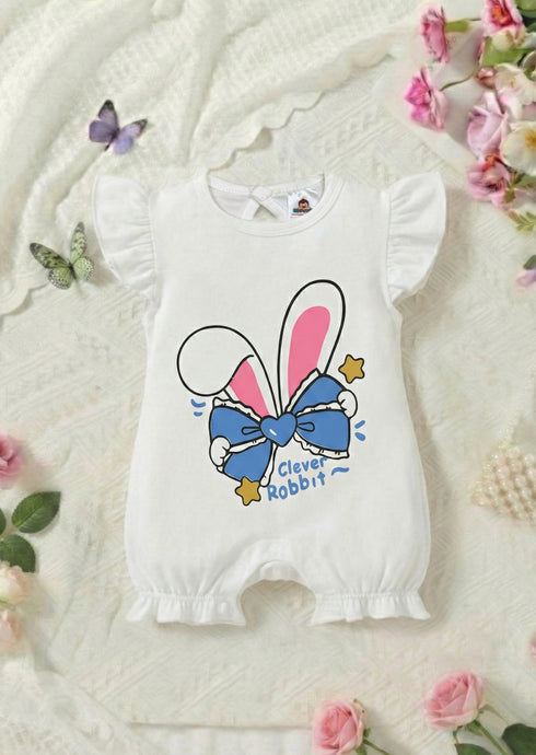 Bunny Bow Printed Flutter Sleeve Buttoned Romper