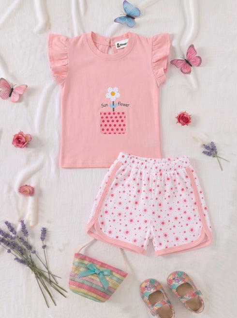 Little Sunflower Ruffle Sleeve Interlock Short Set