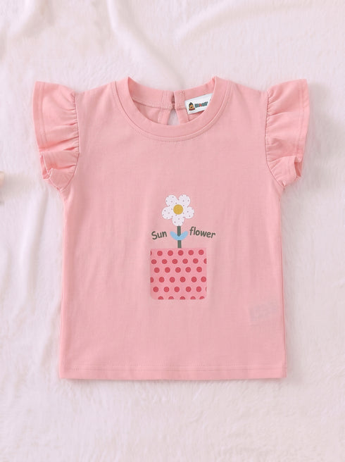 Little Sunflower Ruffle Sleeve Interlock Short Set