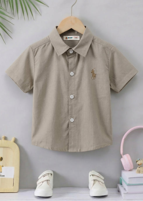 Sand Embroidered Button-Down Polo Shirt
