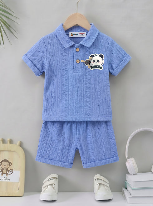 Playful Blue Jacquard Textured Polo Short Set