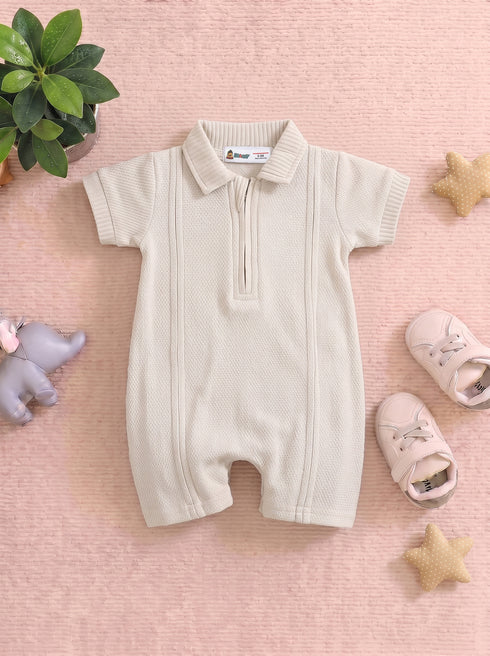 Beige Jacquard Textured Polo Romper