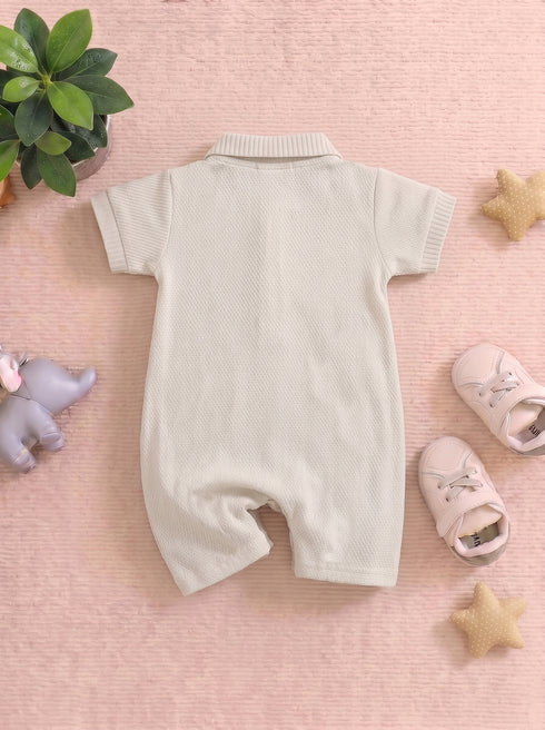 Beige Jacquard Textured Polo Romper