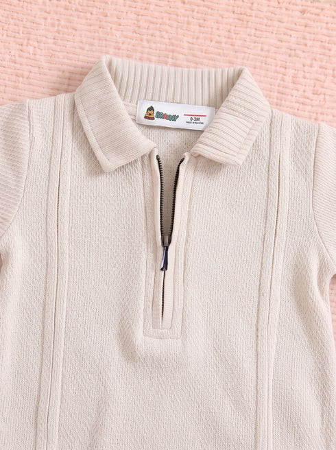 Beige Jacquard Textured Polo Romper
