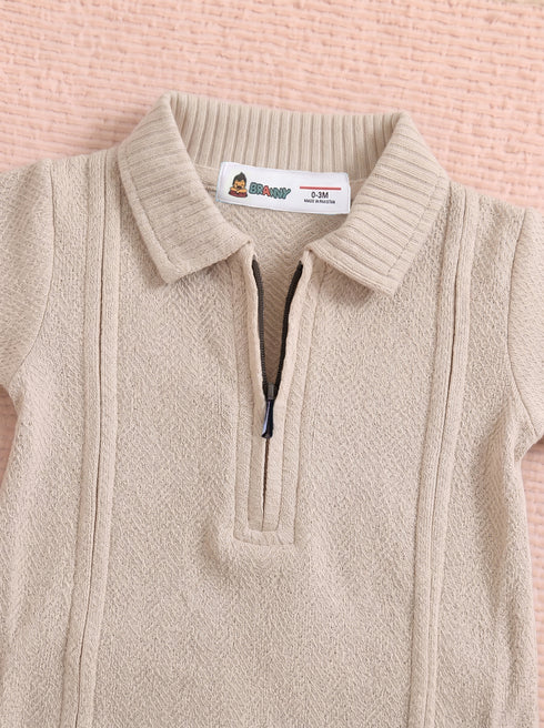 Beige Jacquard Textured Polo Romper