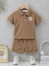 Playful Brown Jacquard Textured Polo Short Set