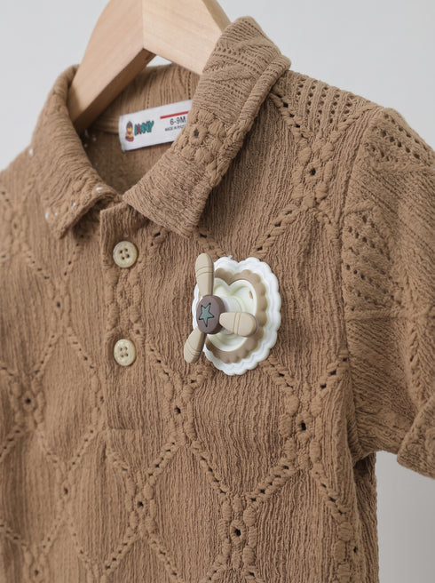 Playful Brown Jacquard Textured Polo Short Set