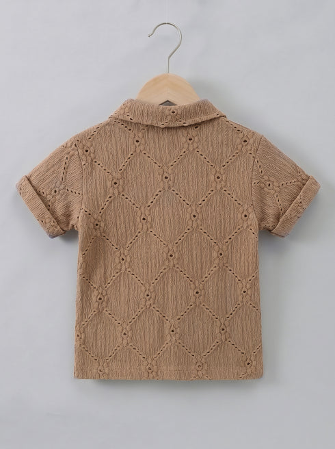 Playful Brown Jacquard Textured Polo Short Set