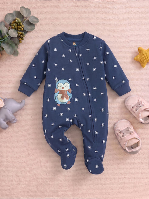 Snowy Penguin Printed Fleece Footed Sleepsuit
