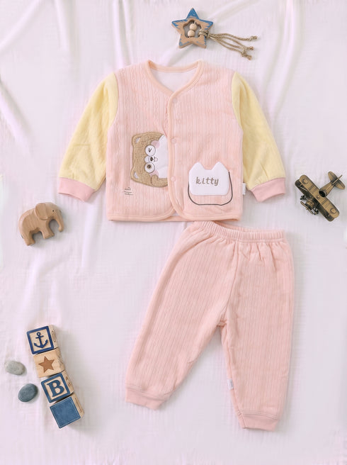 Kitty Applique Quilted Fleece Co-ord Set (Peach Pink)