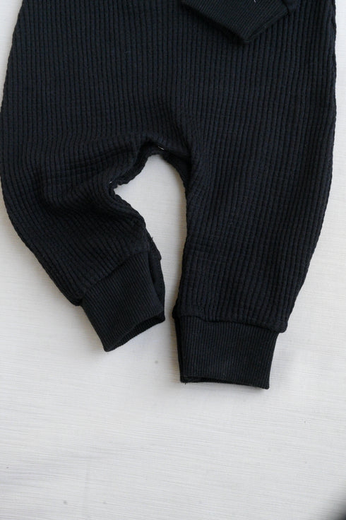 Bear Embroidery Waffle Knit Polo Sleepsuit (Black)