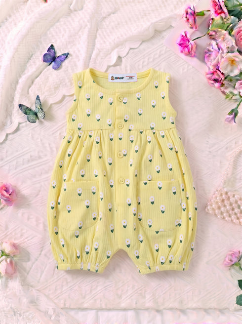 Yellow Daisy Printed Front Open Buttoned Romper