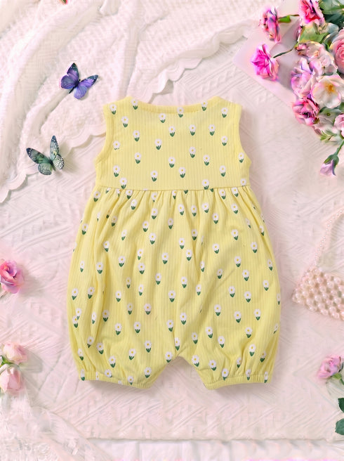 Yellow Daisy Printed Front Open Buttoned Romper