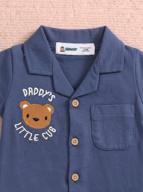 Bear Cub Cuban Collar Button-Up Romper