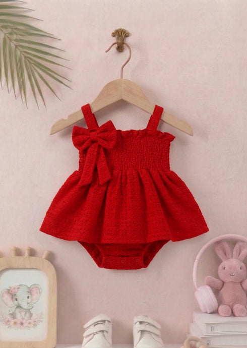Smocked Bow Frock Set (Red)