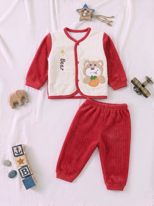 Bear Applique Plush Fleece Co-ord Set (Red)