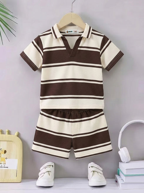 Yarn Dyed Johnny Collar Polo Set (Brown & Cream)
