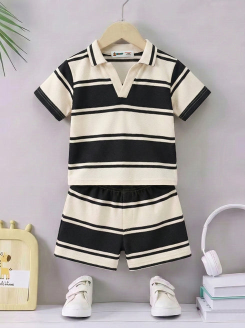 Yarn Dyed Johnny Collar Polo Set (Black & Cream)