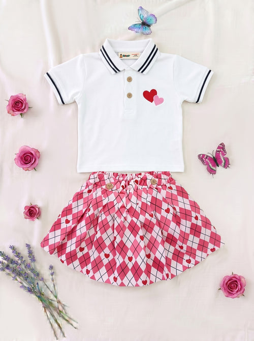 Hearts Printed Polo Skirt Set
