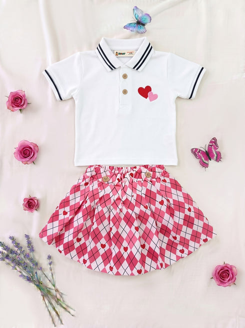 Hearts Printed Polo Skirt Set