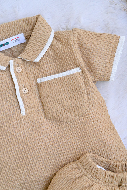 Jacquard Textured Polo Short Set (Brown)